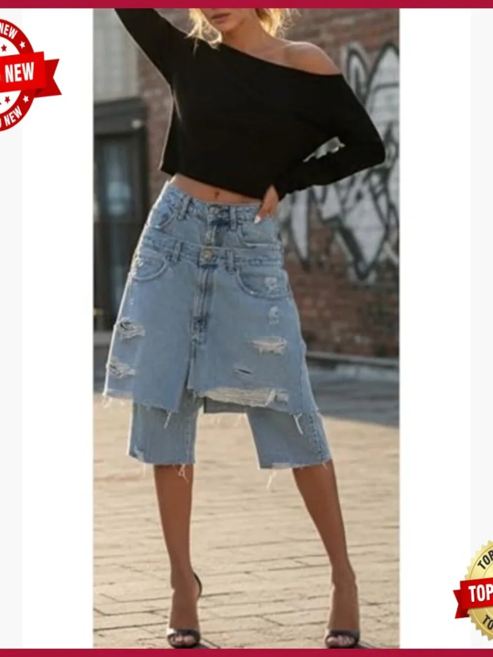 High Waisted Baggy Wide Leg Ripped Patchwork Bermuda Denim Shorts Cargo Y2k